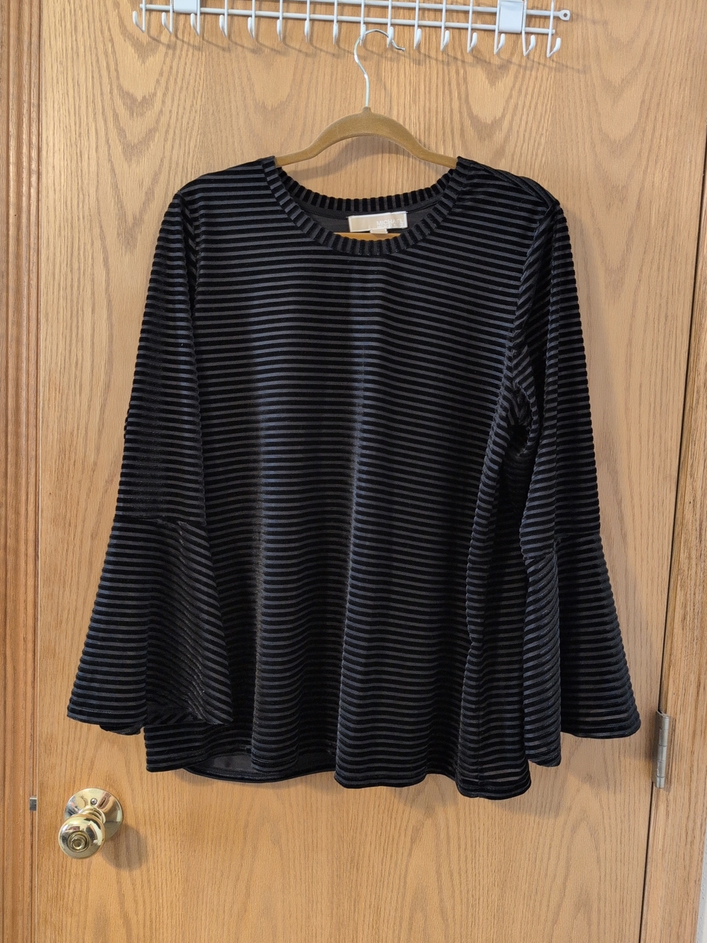 Michael Kors Black Striped Velvet Bell Sleeve Top
